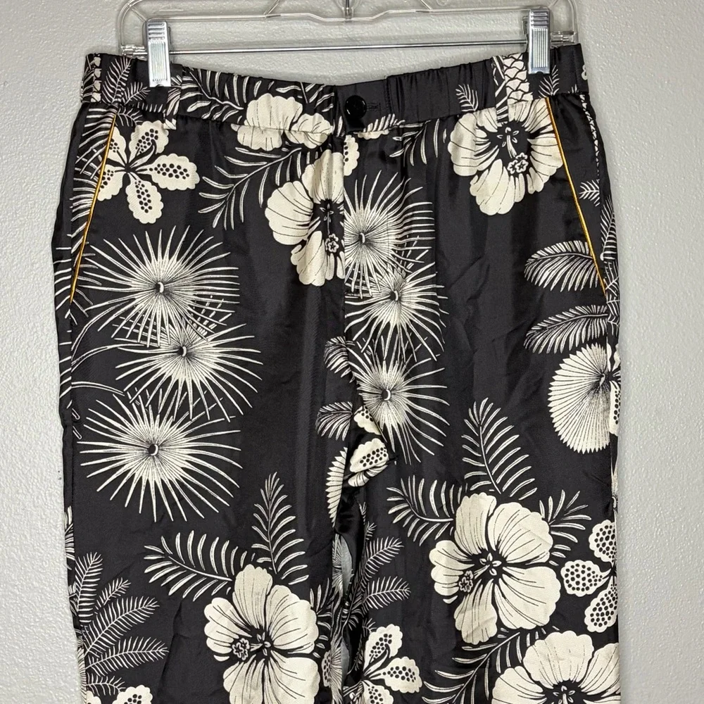 J Crew 100% Silk Trouser‎ Pants Women 6 Black Floral Crop Gold Piping Tropical